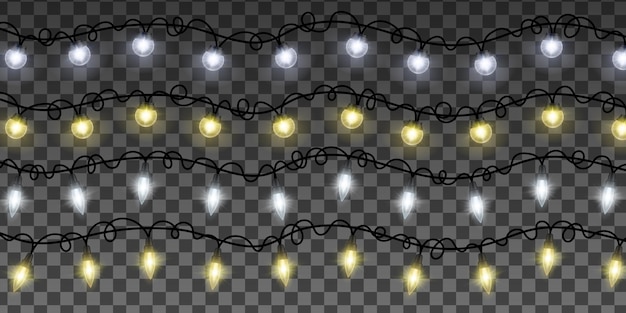 Christmas garland with yellow and white lamps Vector transparent light effect