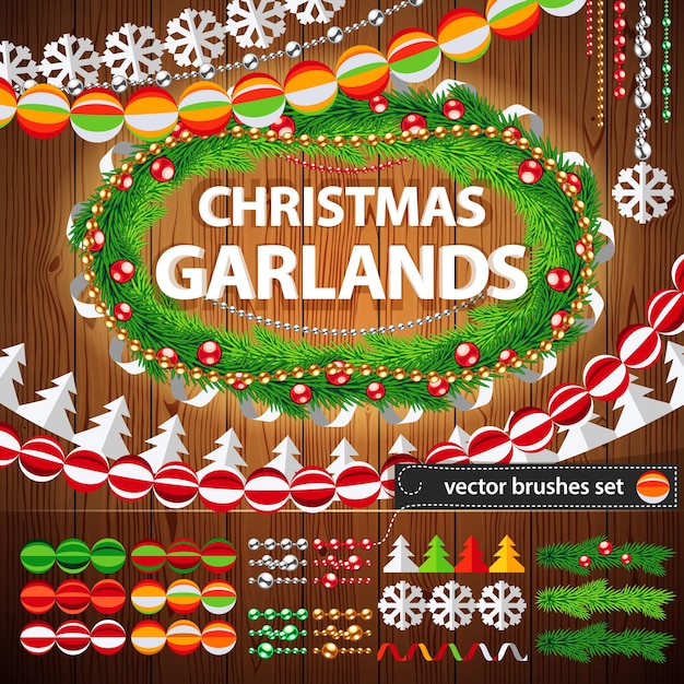 Christmas Garlands Set on Wood Background