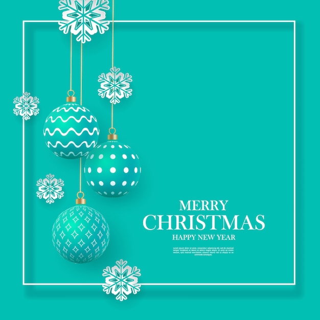 Christmas gently green baubles with geometric patterns and snowflakes. Abstract Christmas background in pastel colors. A place for your text.  