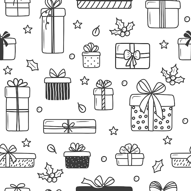 Christmas gift boxes pattern in doodle style Seamless vector pattern