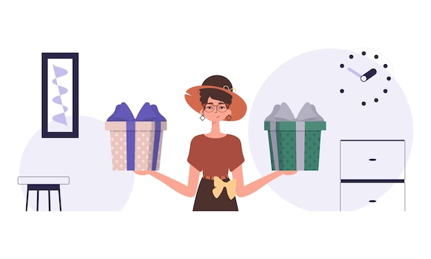 Vector christmas gift concept a young woman holds a gift box in her hands