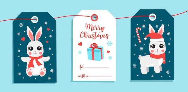 Christmas gift tags with cute bunny, vector illustration