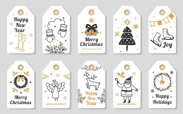 Christmas gift tags with hand drawn elements, cute xmas cards. Winter holiday labels with santa and dear, new year celebration tag vector set. Glasses with champagne, angel and wreath