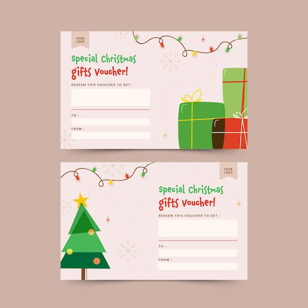 Christmas Gift Voucher Design With Xmas Tree, Gift Boxes In Two Options.