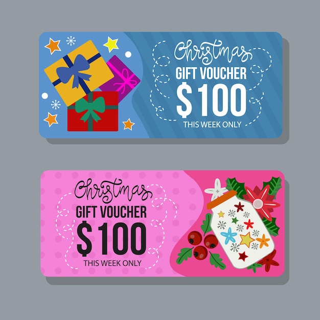 Christmas gift voucher template with flat box gift