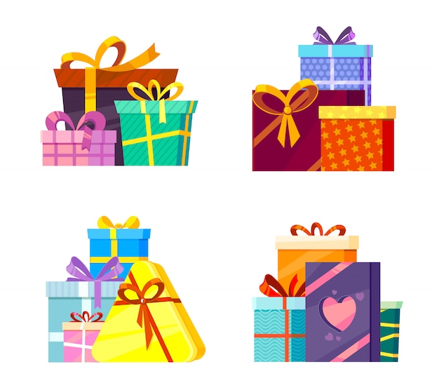 Christmas gifts collection. greetings colored packages with ribbons and bow cartoon vector