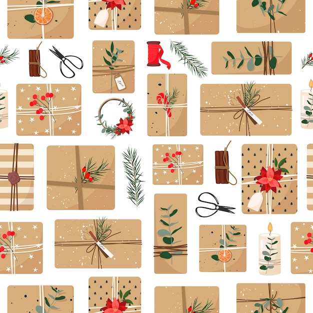 Christmas gifts in craft paper Eco decor eucalyptus and spruce