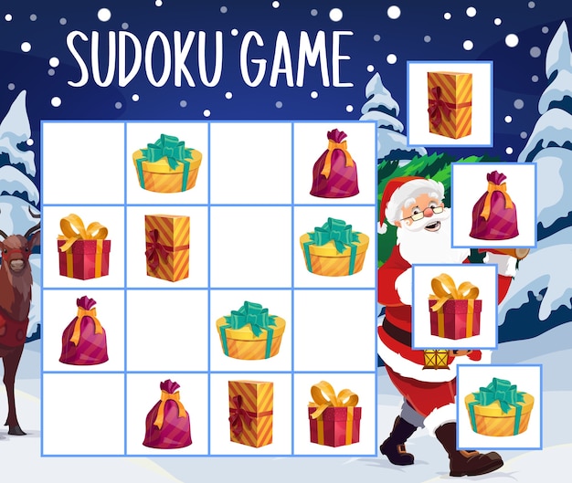 Vector christmas gifts sudoku game or puzzle template. children education mind game or logic riddle with santa claus cartoon character, xmas tree and present boxes with ribbons, educational activity