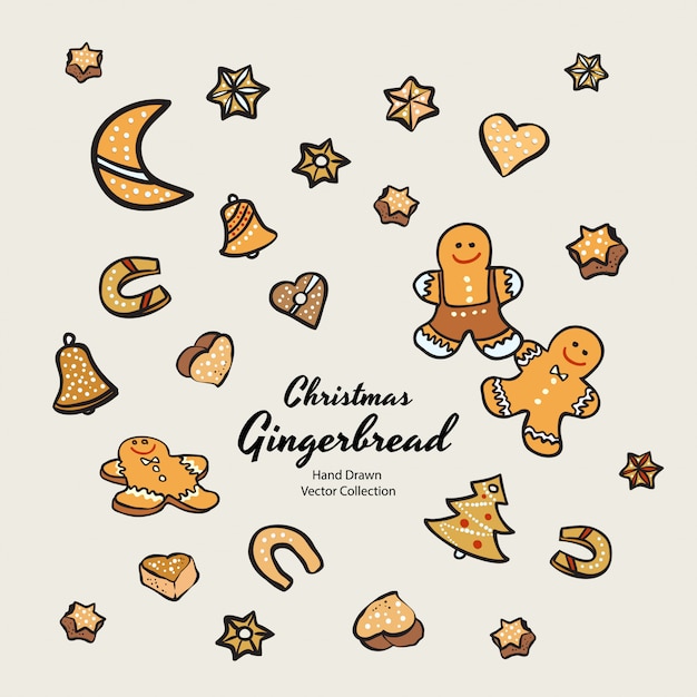 Christmas gingerbread biscuits set hand drawn illustration. Vintage traditional bake christmas marzipan glaze biscuits. Isolated ginger bread cookies.