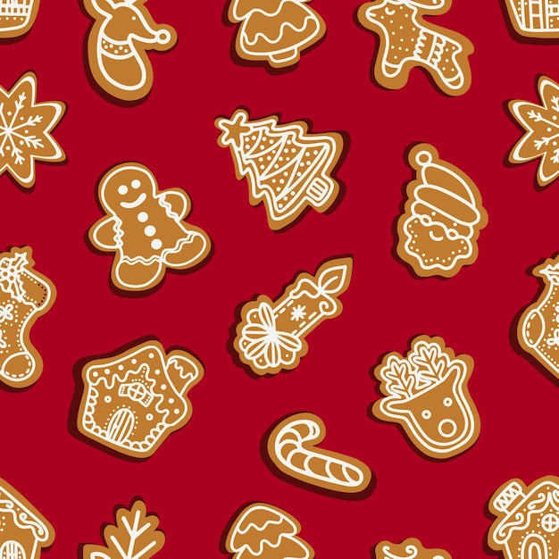 Christmas gingerbread cookies amidst snowflakes seamless pattern