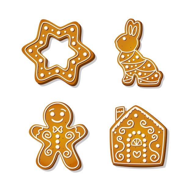 Christmas gingerbread cookies. Festive biscuits in shape of house and gingerbread man, star and rabbit. Cartoon Vector illustration.