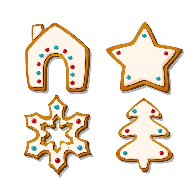 Christmas gingerbread cookies. Festive glazed biscuits in shape of house and tree, star and snowflake. Cartoon Vector illustration.