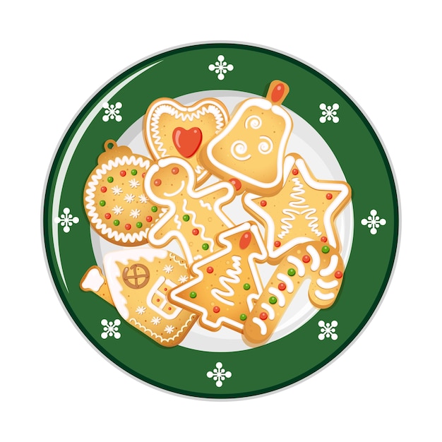 Christmas gingerbread cookies on green porcelain platter.