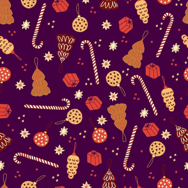 Christmas gingerbread cookies and pastries in the form of fir trees and Christmas balls striped lollipops canes and stars vector seamless pattern Isolated sweets for the new year Winter background