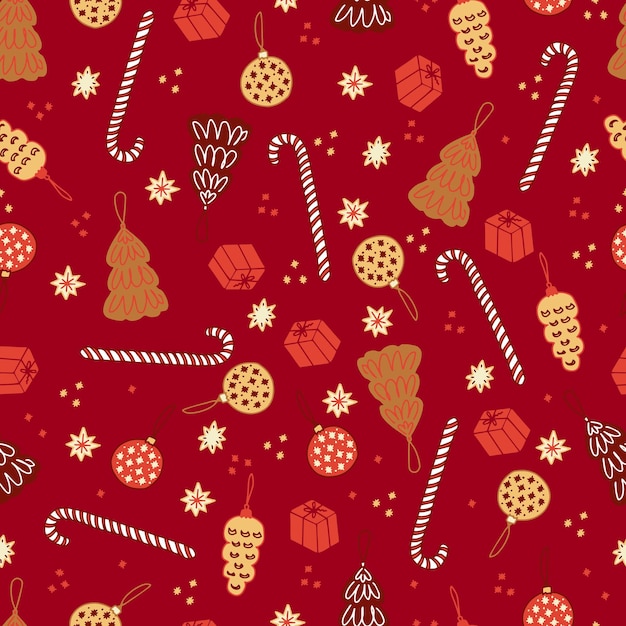 Christmas gingerbread cookies and pastries in the form of fir trees and Christmas balls striped lollipops canes and stars vector seamless pattern Isolated sweets for the new year Winter background