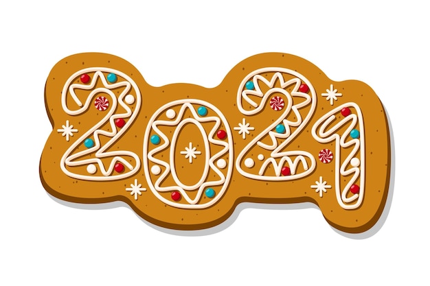 Christmas gingerbread cookies in the shape of the numbers 2021. Happy New Year. Vector illustration.