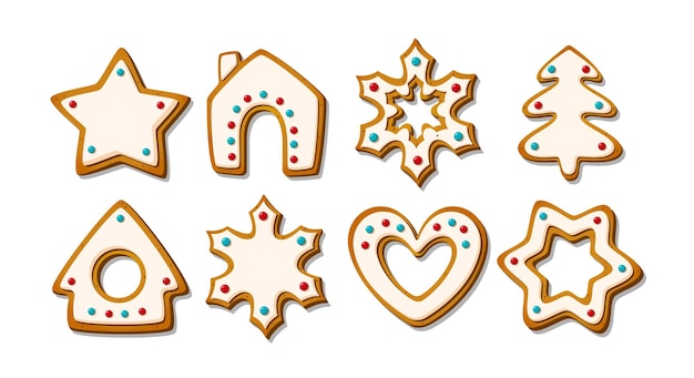 Christmas gingerbread cookies winter glazed biscuits in shape of gingerbread house and tree Vector