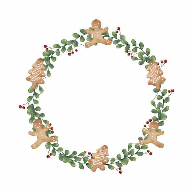 Christmas gingerbread cookies wreath decoration in watercolor style