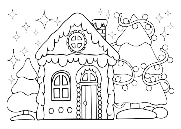 Christmas gingerbread house vector coloring page Sweet festive cookies Fir tree decorated with garland Hand drawn line art winter illustration Happy holiday Coloring book for children and adults