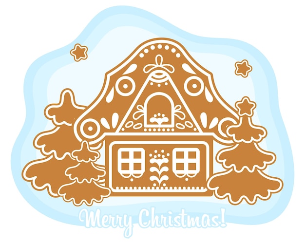 Christmas gingerbread house with fir trees and text Merry christmas. Illustration, vector