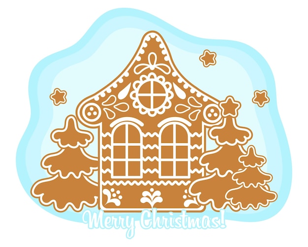 Christmas gingerbread house with fir trees and text Merry christmas. Illustration, vector