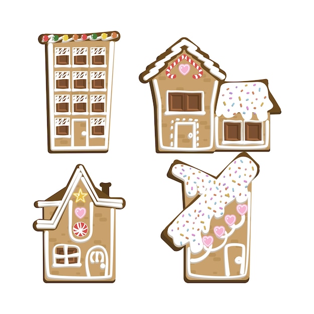 Christmas gingerbread houses set. Cookies in the form of a house with cute patterns.