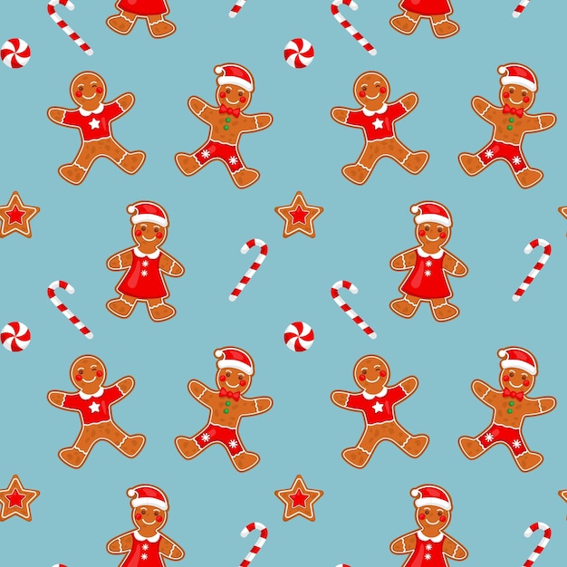 Christmas gingerbread man candy cane pattern Repeat candies for wrapping paper wallpaper design Winter holidays textile Noel traditional ornament Vector seamless tidy background