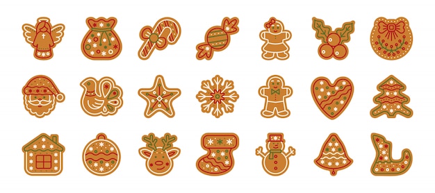 Christmas gingerbread, xmas cookie, home baking sweet food, ginger biscuit flat cartoon icon set.