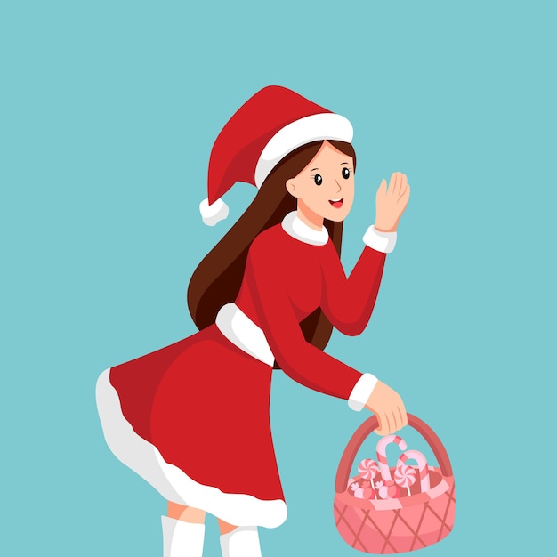 Christmas Girl with Candy Basket Character Design Illustration