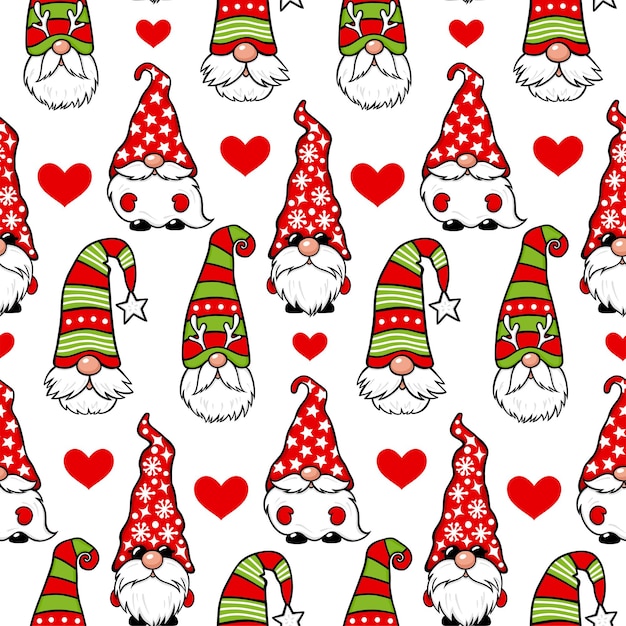 Christmas gnome seamless pattern. Cute elf. Vector funny print with cartoon characters. Colorful repeat background. Holidays design for wrapping paper, fabric, print.