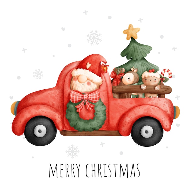 Christmas gnome truck watercolor greeting card