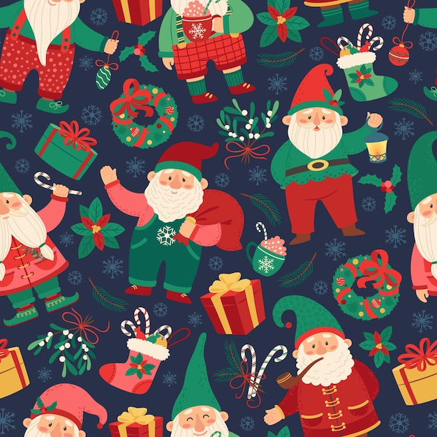 Christmas gnomes seamless pattern dwarf with gift socks winter festive background