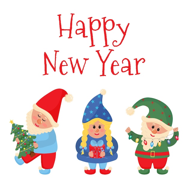 Christmas Gnomes with Happy New year lettering. Christmas greeting card.