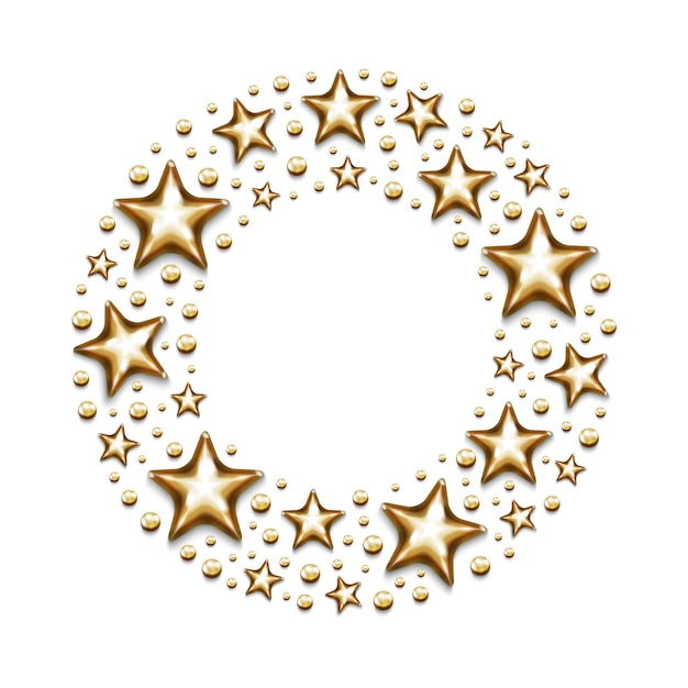 Christmas gold stars and beads in circle on white background.