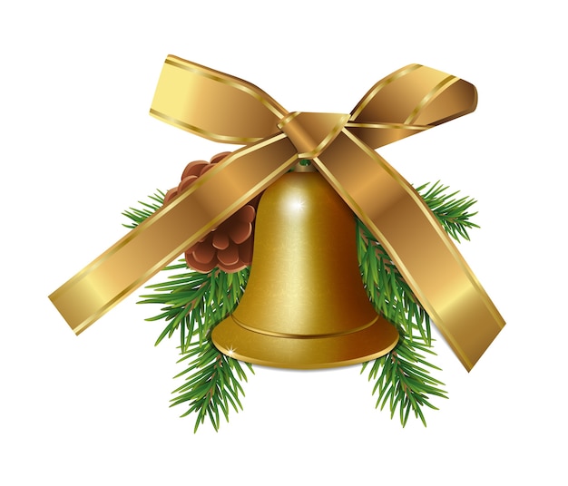 Christmas golden bell with fir branches, cone and gold bow ribbon isolated on white background.