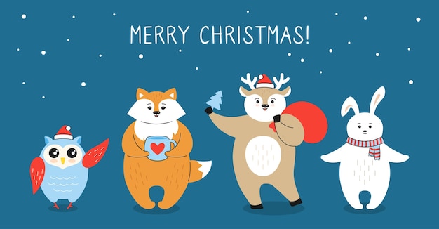 Christmas greeting card, cartoon fox, deer owl and hare character with gift box, santa bag