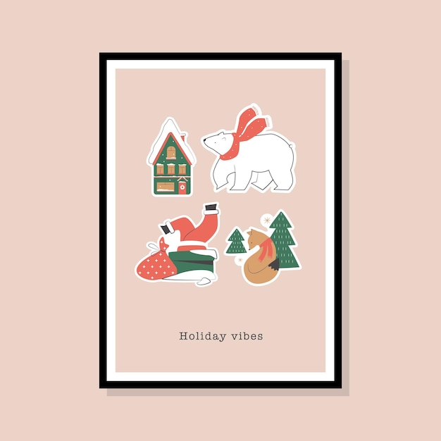 Vector christmas greeting card collection in a frame to print poster or wall art