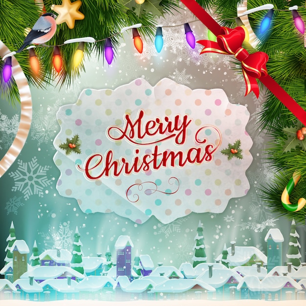 Christmas greeting card light and snowflakes background. Merry Christmas holidays wish design and vintage ornament decoration. Happy new year message. 