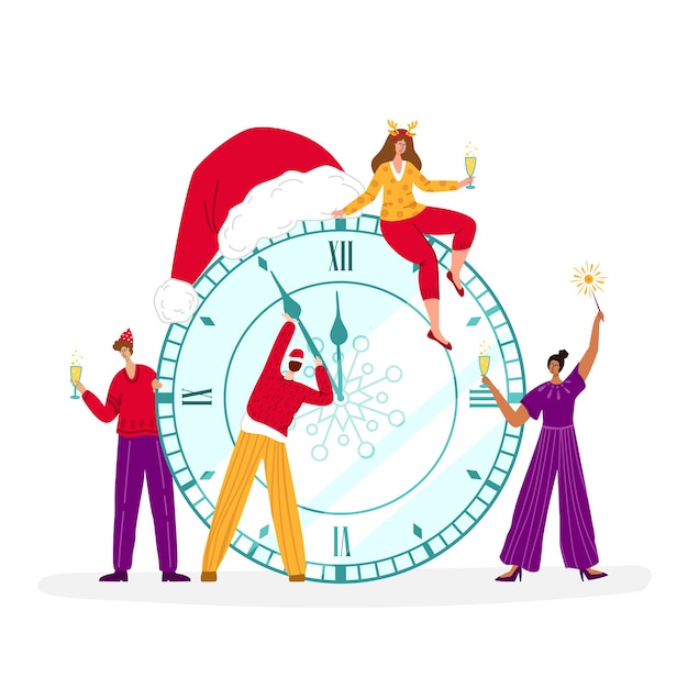 Christmas greeting card - miniature men and women are celebrating New Year midnight with champagne glasses, large clock with santas hat and people characters - composition for card or poster