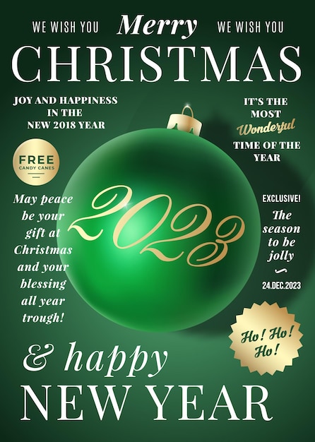 Vector christmas greeting card poster banner or party invitation as a magazine cover vector realistic xmas ball with soft shadows and modern typography dark green background