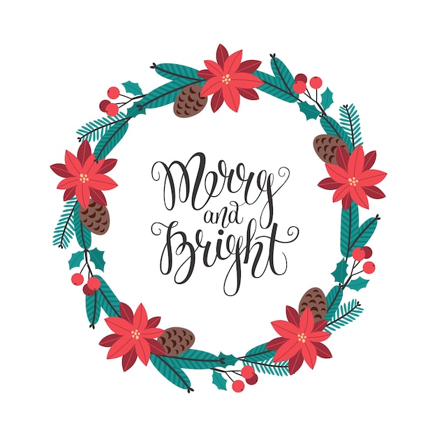 Christmas greeting card template with merry and bright lettering and floral wreath Vector art