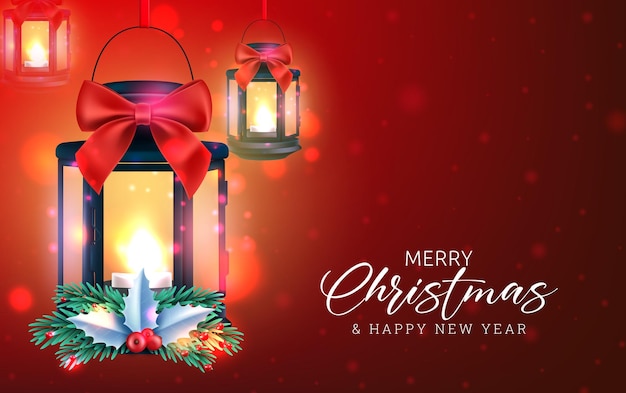 Christmas greeting card vector design. Merry christmas text with 3d lamp lantern hanging elements.