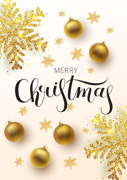 Christmas greeting card, web banner, vector background.Gold and silver Christmas ball, with an ornament and spangles. Metallic gold Christmas snowflake. Hand drawn lettering.