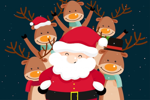 Christmas Greeting Card with Christmas Santa Claus and reindeer. Vector illustration