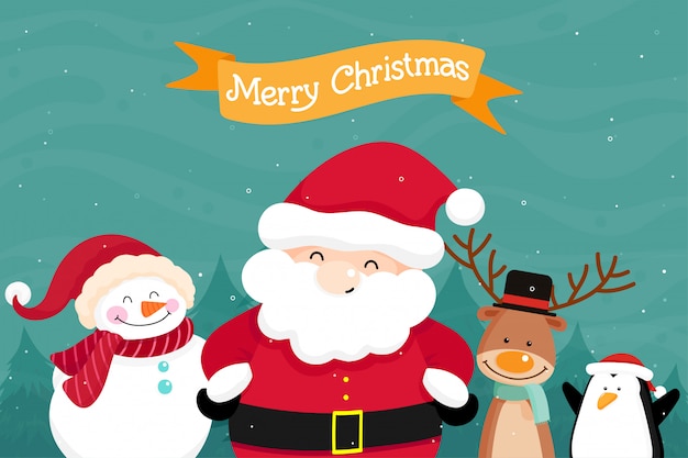 Christmas Greeting Card with Christmas Santa Claus ,Snowman and reindeer. Vector illustration