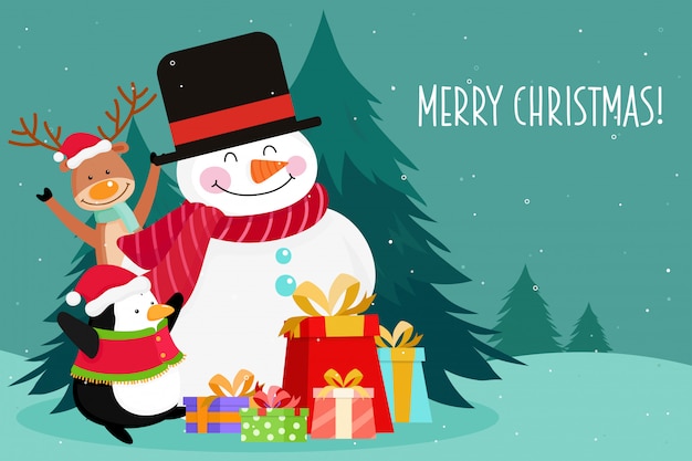 Christmas Greeting Card with Christmas Snowman, penguin, pine and reindeer. Vector illustration