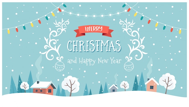 Christmas greeting card with cute landscape, text and hanging decorations.