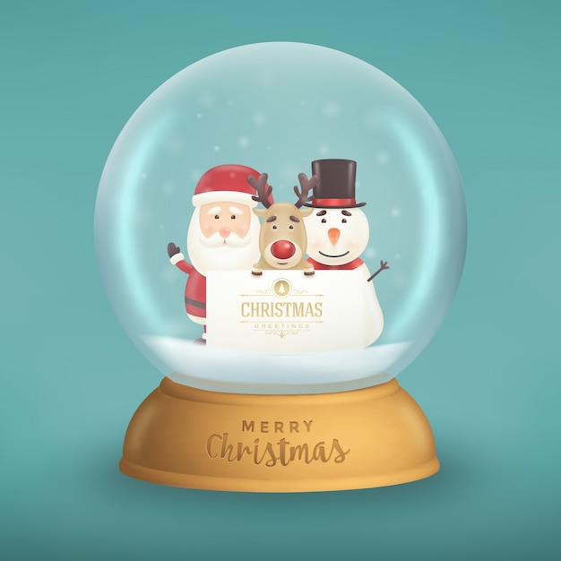 Christmas greeting card with cute santa, snowman, and reindeer characters in a glass snow globe