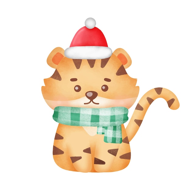 Christmas greeting card with cute tiger in watercolor style.