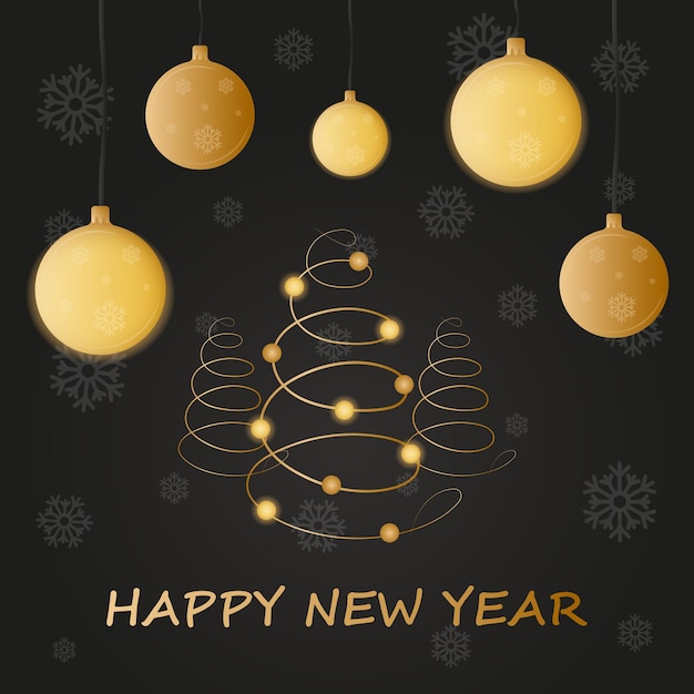 Christmas greeting card with gold christmas tree and balls